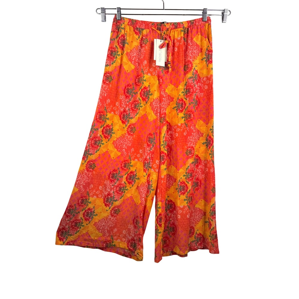 Rachel‎ Zoe Wide Leg Pants Size M Orange Floral Patchwork Resort beach tropical
